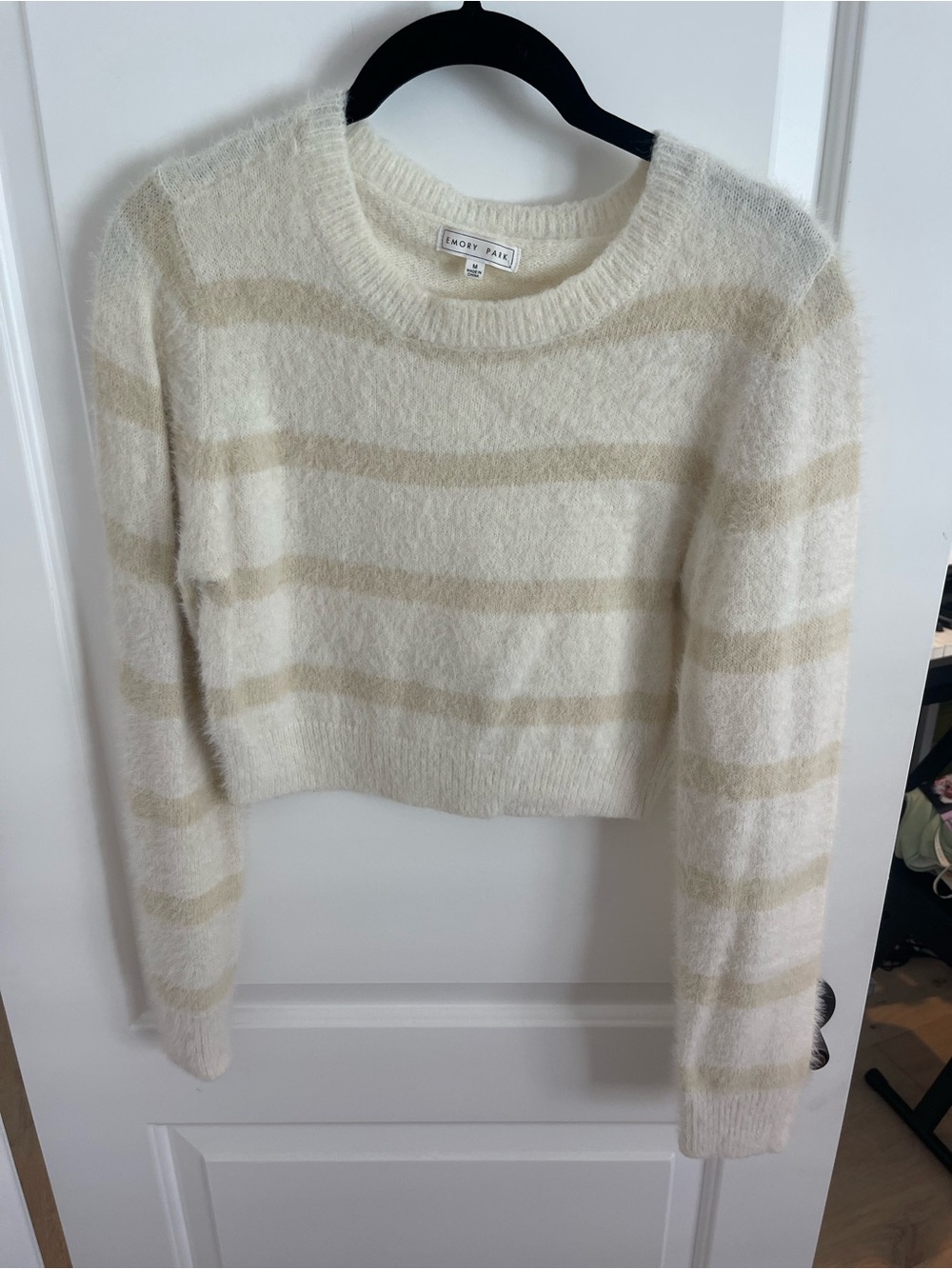 emory park Cream & Beige Striped Fuzzy Crewneck Sweater